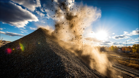 A dramatic view of a gravel pile erupting in a cloud of dust, illuminated by the sun, showcasing the raw beauty of nature and industry.の素材