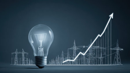 A visually striking image featuring a lightbulb symbolizing energy efficiency alongside a growing graph, illustrating innovation and power development patterns.の素材