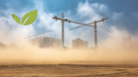 A busy construction site enveloped in dust presents cranes lifting materials against a cloudy sky, signifying urban growth and progress.の素材