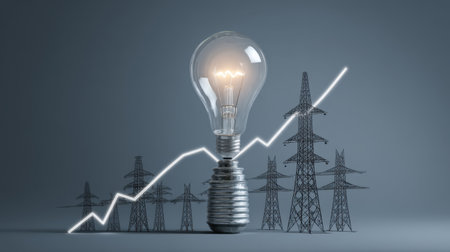 Conceptual image showcasing a light bulb symbolizing electricity, alongside a rising graph line against power towers, representing growth in the energy sector.の素材