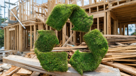 A vibrant, eco-friendly construction site featuring a moss-covered recycle symbol, highlighting sustainability and nature within the building industry.の素材