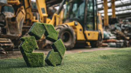 A vibrant eco-friendly recycling symbol made of grass stands in front of construction machinery, highlighting the synergy between industry and sustainability.の素材