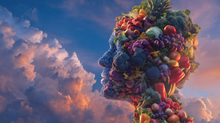 An imaginative portrayal of a human profile made from fresh fruits and vegetables, symbolizing health and creativity against a colorful sky.の素材