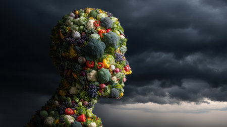 A striking silhouette of a human head creatively formed from an abundance of fresh vegetables and fruits, set against a moody sky.の素材