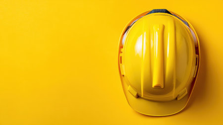 A vibrant yellow safety helmet rests on a bright yellow background, symbolizing safety and protection in construction and industrial workplaces.の素材