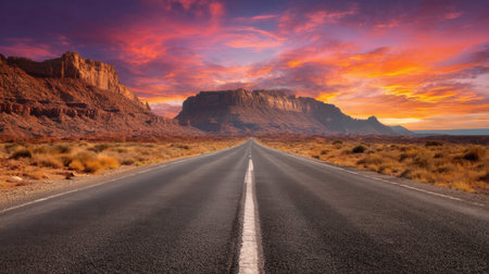 An empty desert road stretches out under a vibrant sunset sky, framed by majestic mountains, inviting adventure and exploration in nature.の素材