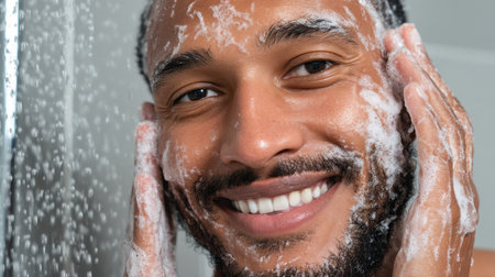 A cheerful man enjoys his morning shower, lathering his face with foam and smiling, embracing his refreshing daily skin care routine.の素材