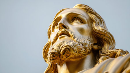 This striking golden statue depicts a serene figure gazing upward towards the sky. The intricate details and bright golden tones create an aura of tranquility and spirituality, inviting reflection and admiration.の素材