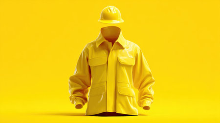 This image showcases bright yellow safety gear, including a jacket and hard hat. Perfect for industries emphasizing visibility and safety.の素材