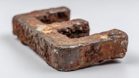 This image features a rusty metal piece with a distinct shape, highlighting the texture and decay of the surface against a neutral backdrop.の素材