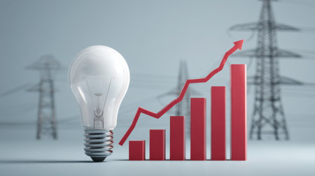 A light bulb represents energy efficiency and savings, complemented by a rising graph against power lines, symbolizing growth and innovation in the industry.の素材