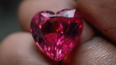 A stunning heart-shaped pink gemstone captured in detail, held gently between fingers, reflecting light with exquisite brilliance and color.の素材