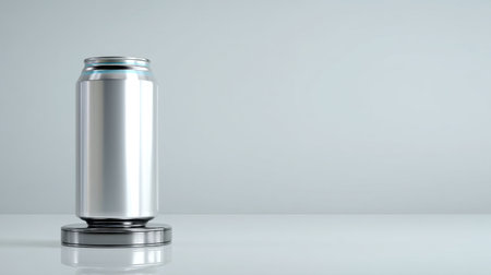 A sleek metallic beverage can rests on a pedestal, surrounded by a soft neutral background. Ideal for showcasing modern design and minimalist concepts.の素材