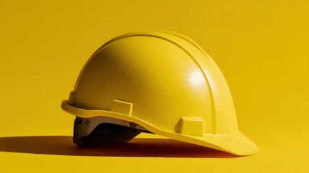 This image features a bright yellow hard hat resting on a vibrant yellow background, symbolizing construction safety and professionalism.の素材