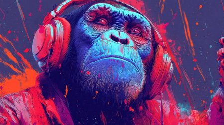 This vibrant digital artwork features a monkey with headphones, surrounded by colorful splashes of paint. The piece embodies creativity and musical expression, capturing a playful and energetic vibe.の素材