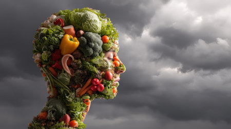 This artistic image depicts a human silhouette creatively made of various fresh vegetables and fruits against a moody, cloudy sky, symbolizing the importance of nutrition and health.の素材