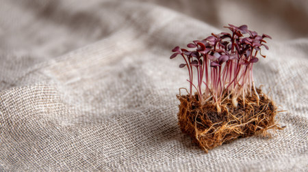 A delicate cluster of microgreens on a textured fabric background showcases the beauty of organic growth. Perfect for promoting sustainability.の素材