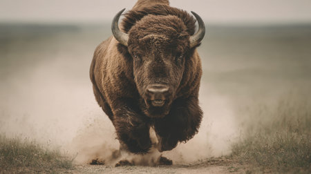 A powerful American bison charges through a dusty landscape, showcasing its strength and fierce energy. The majestic creature captivates with its intense gaze.の素材