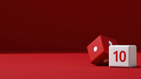A striking image of two red dice on a matching red surface, emphasizing the prominent number ten, perfect for gaming themes and luck motifs.の素材