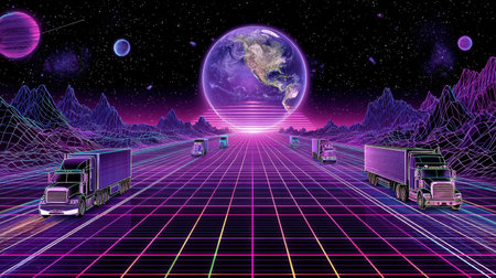 This futuristic artwork showcases neon trucks on a digital grid highway, journeying through a surreal landscape under a vibrant cosmos. Bright colors and intricate details create an engaging visual experience.の素材
