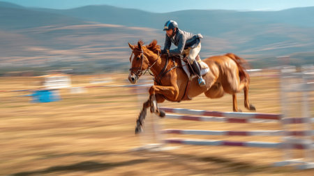 A thrilling moment of a rider skillfully navigating a jump on a horse, showcasing speed and agility in a vibrant outdoor setting.の素材