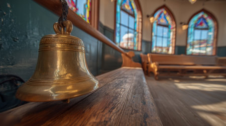 A captivating image of a golden bell resting on a wooden bench in a historic hall adorned with colorful stained glass windows, casting a warm glow.の素材