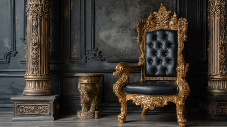 A stunning vintage armchair featuring intricate gold detailing and plush black upholstery, set against a luxurious interior with ornate columns.の素材