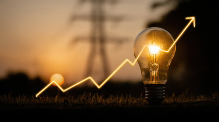 A creative representation of a glowing light bulb with a rising graph against a sunset backdrop, symbolizing innovation and progress in business and creativity.の素材