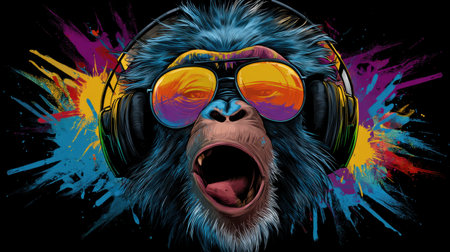 This vibrant artwork features a funky monkey wearing oversized headphones, expressing joy and energy through its dynamic colors and lively detail.の素材