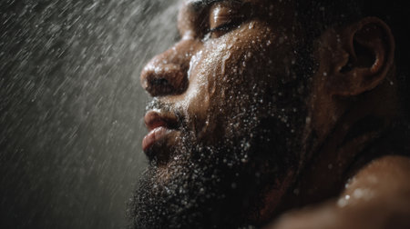 A close-up shot of a man enjoying a shower, with water droplets sparkling on his face and beard. The image captures a moment of relaxation and refreshment, highlighting the beauty of self-care.の素材