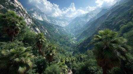 Experience the breathtaking beauty of a lush green valley nestled between majestic mountains, showcasing vibrant palm trees under a stunning blue sky filled with fluffy clouds.の素材