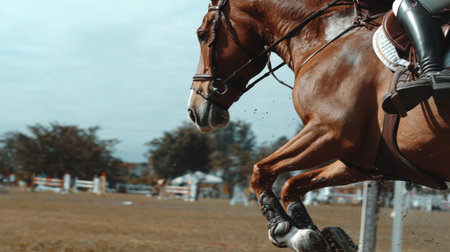 A breathtaking moment captured as a horse clears a jump during an equestrian competition, showcasing athleticism and teamwork in a vibrant outdoor setting.の素材