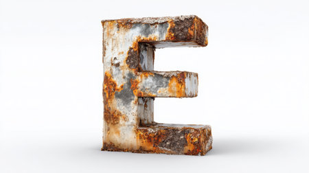 A detailed view of a rustic metal letter E showcasing a weathered patina with rust and textures, perfect for various design projects or creative backgrounds.の素材
