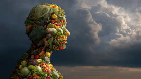 This artistic image features a silhouette of a human head crafted from a vibrant assortment of fresh vegetables and fruits, set against a moody sky.の素材