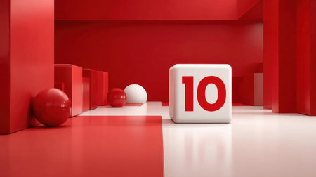 This striking minimalist composition features bold red geometric shapes, including a prominent block displaying the number ten, creating a modern artistic atmosphere.の素材