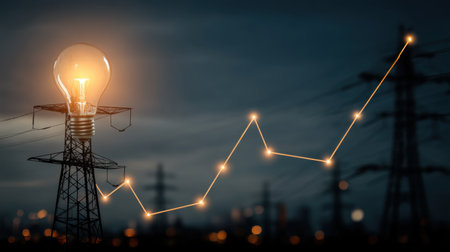 A glowing light bulb atop a power line symbolizes energy and innovation, while an abstract graph showcases growth and performance at dusk.の素材