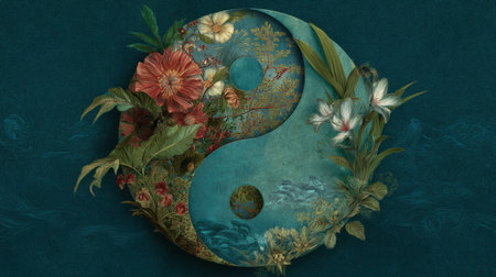 This artwork features a beautifully detailed yin yang symbol surrounded by vibrant floral designs and natural elements, representing balance and harmony.の素材