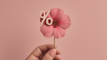 A beautiful pink flower held delicately by a hand with a percentage symbol, perfect for themes of marketing, sales promotions, and aesthetic visual content.の素材