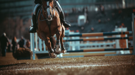 A breathtaking moment captured as a horse leaps over an obstacle during an equestrian competition, showcasing athleticism and skill.の素材