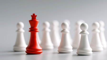 A striking image of a bold red king chess piece standing out among white pawns, symbolizing strategy and competition in chess.の素材
