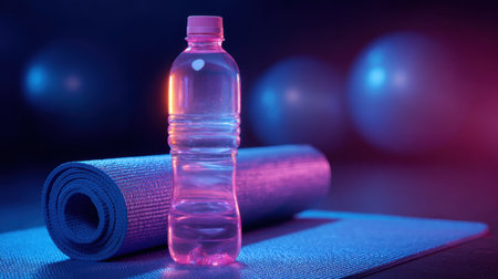 A vibrant pink water bottle stands prominently on a yoga mat, set against a serene backdrop of blurred exercise balls, perfect for wellness themes.の素材