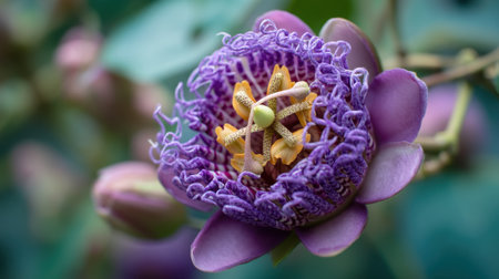 Discover the captivating beauty of a purple passion flower in this close-up image, showcasing intricate petal details and vibrant colors. Perfect for nature enthusiasts.の素材