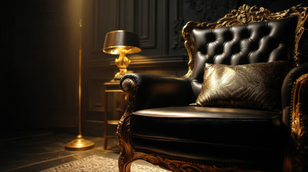 A beautifully styled vintage armchair stands in a dimly lit room, showcasing elegant design and textures, perfect for an inviting atmosphere.の素材