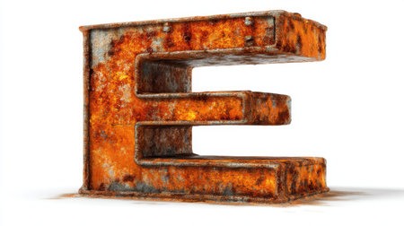 A three-dimensional rusty metal letter E showcases intriguing textures and colors, perfect for creative design projects and artistic presentations.の素材