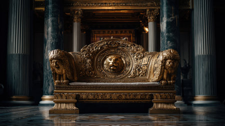 A magnificent golden couch featuring intricate lion motifs, set against an opulent historical interior with grand columns and detailed craftsmanship.の素材