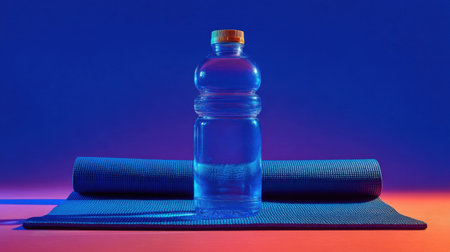 A clear water bottle placed on a textured exercise mat showcases vibrant colors, symbolizing health and hydration in fitness contexts.の素材