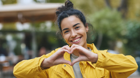 A joyful young woman in a vibrant yellow jacket creates a heart shape with her hands, radiating happiness in an outdoor cafe setting.の素材