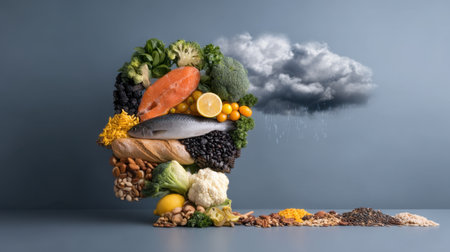 This artistic representation highlights the importance of healthy eating through a creative arrangement of fish, vegetables, and grains, paired with rain imagery.の素材