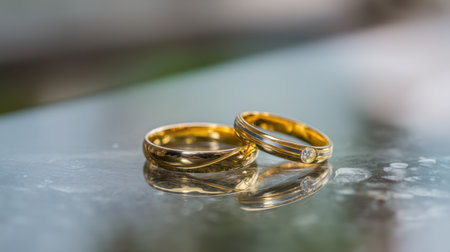 Close-up view of two elegant gold wedding rings, one featuring a single diamond, placed on a reflective surface, illuminated by soft natural light.の素材