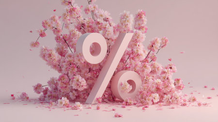 This artistic image showcases a percentage sign surrounded by beautiful pink blossoms, creating a visually appealing representation of sales and promotions.の素材